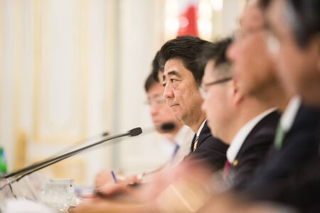KIEV, UKRAINE - Jun 06, 2015: Japanese Prime Minister Shinzo Abe during his meeting with President of Ukraine Petro Poroshenko in Kievのeditorial素材