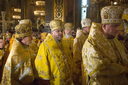 KIEV, UKRAINE - Jun 28, 2015: Priests during the festive liturgy at St. Vladimir Patriarchal...