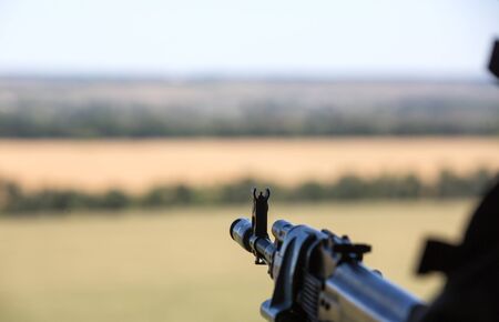 DONETSK REG, UKRAINE - Aug 02, 2015: Ukrainian army helicopter patrols the area of the antiterrorist operation in the Donetsk regionのeditorial素材