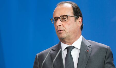 BERLIN, GERMANY - Aug 24, 2015: French President Francois Hollande during his meeting with German Chancellor Angela Merkel and the President of Ukraine Petro Poroshenkoのeditorial素材