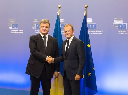 BRUSSELS, BELGIUM - Aug 27, 2015: President of Ukraine Petro Poroshenko and the President of the European Council, Donald Tusk during a meeting in Brusselsのeditorial素材
