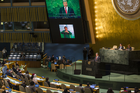 NEW YORK, USA - Sep 27, 2015: President of Ukraine Poroshenko Petro delivers his speech at the UN...