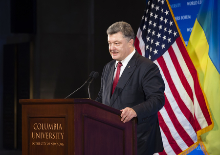 NEW YORK, USA - Sep 30, 2015: President of Ukraine Petro Poroshenko, delivers a report on events in Ukraine at the World Leaders Forum at Columbia University in New York Cityのeditorial素材