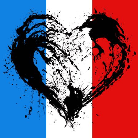 The symbolic image of a broken heart in the colors of the French flag. Date 13 11 2015 - the day of terrorist attack in Paris.の写真素材