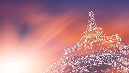 Paris art background. Stylized image of the Eiffel Tower on a background of blurred sky and rising sun with copy-spaceの写真素材