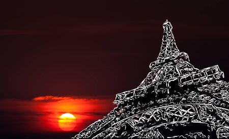 Paris art background. Stylized image of the Eiffel Tower on a background of blurred sky and sunset with copy-spaceの写真素材