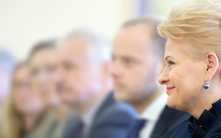 VILNIUS, LITHUANIA - Dec 02, 2015: President of Lithuania Dalia Grybauskaite during a meeting with President of Ukraine Petro Poroshenko in Vilniusのeditorial素材