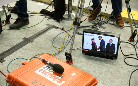 PARIS, FRANCE - Nov 30, 2015: Hard work in the press centre during the 21st session of the UN...