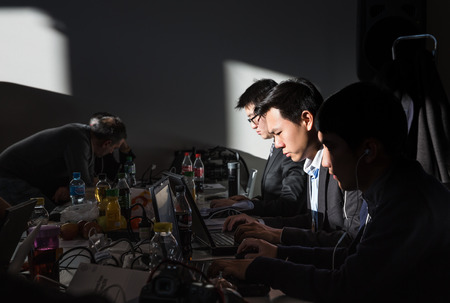 DAVOS, SWITZERLAND - Jan 22, 2016: Working moments during World Economic Forum Annual Meeting 2016 in Davos, Switzerlandのeditorial素材