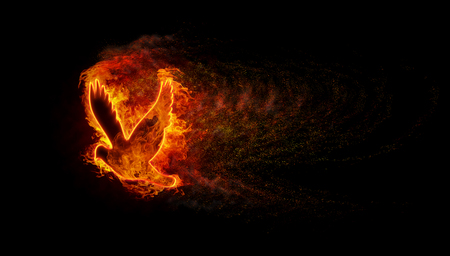 Silhouette of the bird with the flames of fire and explosion with lots of sparksの写真素材