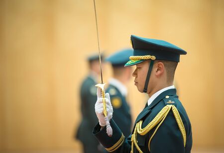 TOKYO, JAPAN - Apr 06, 2016: A guard of honor during a meeting of the President of Ukraine Petro Poroshenko and Prime Minister of Japan Shinzo Abe, in Tokyoのeditorial素材