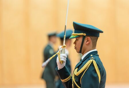 TOKYO, JAPAN - Apr 06, 2016: A guard of honor during a meeting of the President of Ukraine Petro Poroshenko and Prime Minister of Japan Shinzo Abe, in Tokyoのeditorial素材