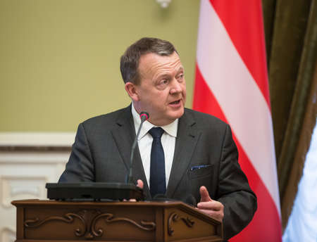 KIEV, UKRAINE - Apr 19, 2016: Prime Minister of the Kingdom of Denmark Lars Lokke Rasmussen during a meeting with President of Ukraine Petro Poroshenko in Kiev, Ukraineのeditorial素材