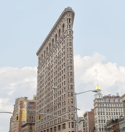 NEW YORK, USA - Apr 27, 2016: Flatiron Building at NYC. Originally the Fuller Building, is a triangular steel-framed landmarked building located at  175 Fifth Avenue in the borough of Manhattanのeditorial素材