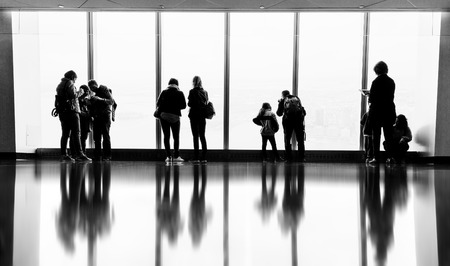 NEW YORK, USA - Apr 28, 2016: People in One World Observatory. This observation deck is located at the top of One World Trade Center, the tallest building in New York City.のeditorial素材