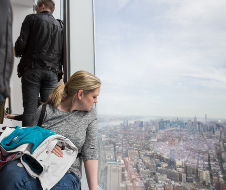 NEW YORK, USA - Apr 28, 2016: People in One World Observatory. This observation deck is located at the top of One World Trade Center, the tallest building in New York City.のeditorial素材