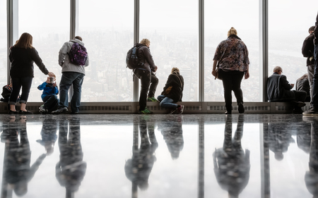 NEW YORK, USA - Apr 28, 2016: People in One World Observatory. This observation deck is located at...