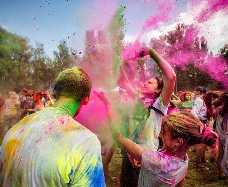 KIEV, UKRAINE - Jun 25, 2016: Crowd of happy young people have fun in colors during festival of colors ColorFestのeditorial素材