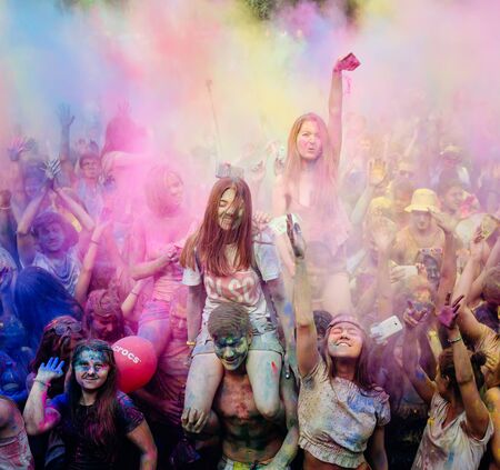 KIEV, UKRAINE - Jun 25, 2016: Crowd of happy young people have fun in colors during festival of colors ColorFestのeditorial素材