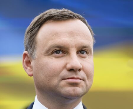 KIEV, UKRAINE - Aug 24, 2015: President of the Republic of Poland Andrzej Duda on the march of Independence on the occasion of 25th anniversary of Independence of Ukraineのeditorial素材