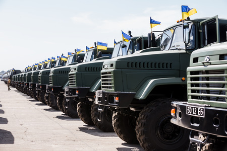 KHARKIV REG., UKRAINE - Aug 23, 2015: Weaponry and military equipment of the armed forces of Ukraine before being sent to the war zone in eastern Ukraineのeditorial素材