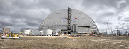 CHERNOBYL, UKRAINE - Nov 28, 2016: Chernobyl nuclear power plant. Chernobyl reactor number 4 confinement. Arch over the object Shelter is the biggest movable construction in the worldのeditorial素材