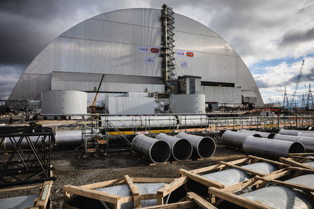 CHERNOBYL, UKRAINE - Nov 28, 2016: Chernobyl nuclear power plant. Chernobyl reactor number 4 confinement. Arch over the object Shelter is the biggest movable construction in the worldのeditorial素材