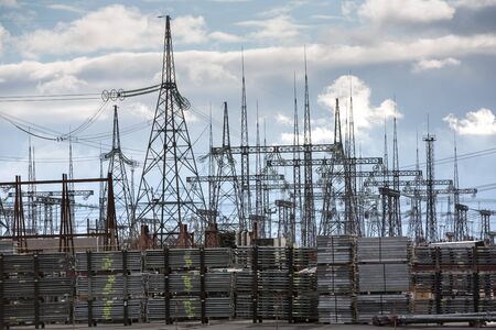 CHERNOBYL, UKRAINE - Nov 28, 2016: Chernobyl nuclear power plant. Transformer substation and high-voltage power linesのeditorial素材