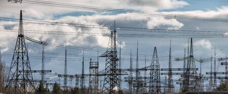 CHERNOBYL, UKRAINE - Nov 28, 2016: Chernobyl nuclear power plant. Transformer substation and high-voltage power linesのeditorial素材