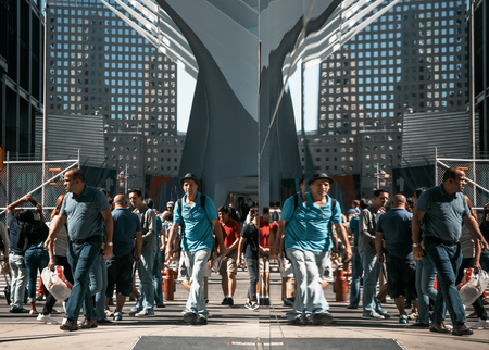 NEW YORK, USA - Sep 22, 2016: Manhattan reflections street scene. New York and New Yorkers. Americans on the streets of NYCのeditorial素材