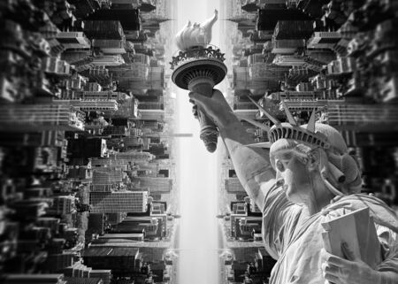 Abstract image of New York City with views of the Manhattan, Statue of Liberty and tilt shift effectのeditorial素材