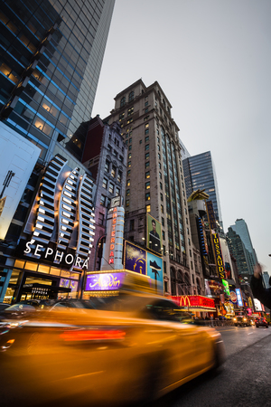 NEW YORK, USA - Apr 30, 2016: W 42nd St in NYC in the evening. 42nd Street is a major crosstown street in the NYC, known for its theaters, especially near intersection with Broadway at Times Squareのeditorial素材