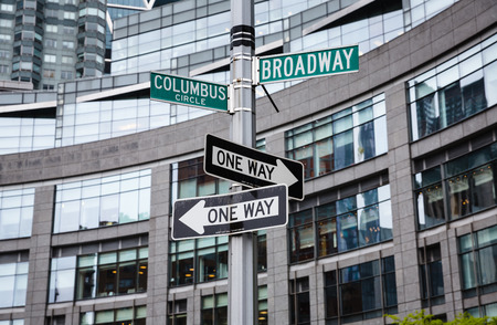 NEW YORK, USA - May 01, 2016: Street signs for Broadway and Columbus Circle, Manhattan, NYCのeditorial素材