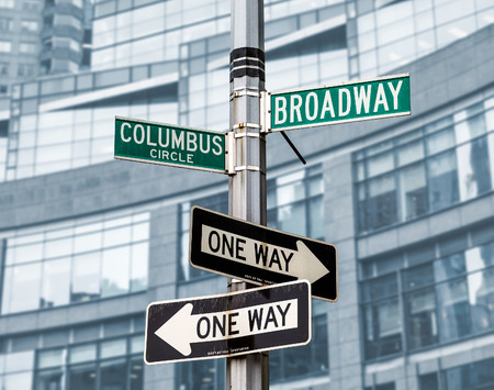 NEW YORK, USA - May 01, 2016: Street signs for Broadway and Columbus Circle, Manhattan, NYCのeditorial素材