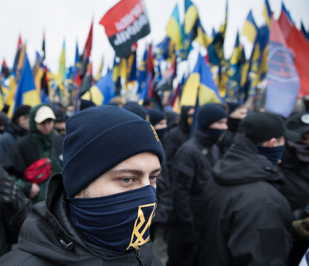 KIEV, UKRAINE - Feb 22, 2017: Activists of nationalist groups during the March of National Dignity...