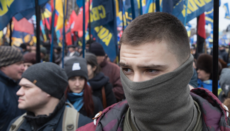KIEV, UKRAINE - Feb 22, 2017: Activists of nationalist groups during the March of National Dignity to honor protesters who were killed during pro-European Maidan demonstrations in 2013-14のeditorial素材