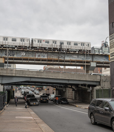 NEW YORK, USA - May 05, 2016: Brooklyn Street Scene. Crossroads of Driggs Ave and Williamsburg...