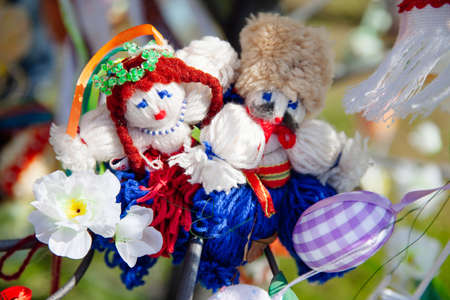 Beautiful multicolored easter eggs with toysの写真素材