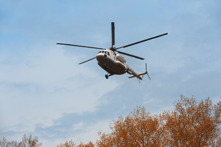 CHERNOBYL, UKRAINE - Apr 26, 2017: Helicopter of Ukrainian president. President arriving to events on the anniversary of accident on Chornobyl Nuclear Power Plantのeditorial素材