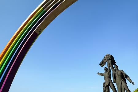 KYIV, UKRAINE - MAY 05, 2017: Arch of Diversity (Friendship of Nations Arch), painted in colors of the rainbow, in preparation for the song contest Eurovision - 2017のeditorial素材