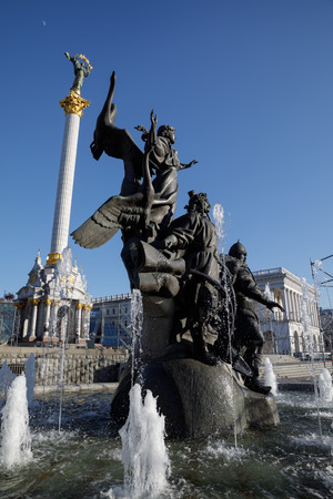 KIEV, UKRAINE - May 03, 2017: Statue of Founders of Kiev at Independence Square. Kyi, Shchek and Khoryv are the three legendary brothers, sometimes mentioned along with their sister Lybidのeditorial素材