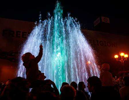 KIEV, UKRAINE - May 06, 2017: Kiev musical fountains. Light and Music Fountains on Maidan Nezalezhnosti (Independence square) in Kiev city at nightのeditorial素材