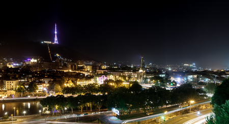 TBILISI, GEORGIA, Jul. 18, 2017: Tbilisi TV tower on Mount Mtatsminda. Night view of Tbilisi, capital of Georgia country.のeditorial素材