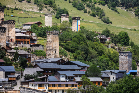 SVANETI, GEORGIA, Jul 19, 2017: Mountain village with ancient towers. The Stone Towers Of Svaneti, Georgiaのeditorial素材