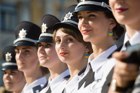 KIEV, UKRAINE - Aug 04, 2017: Law enforcers during solemn events on the occasion of the second anniversary of the creation of the National Police of Ukraine on Sofiyskaya Square, in Kievのeditorial素材