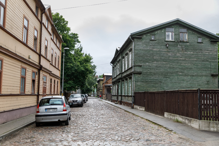 LIEPAJA, LATVIA - JUN 25, 2017: Old wooden houses in a city of Liepaja. Liepaja is a city located on Baltic Sea. It is the third largest city in the country after Riga and Daugavpilsのeditorial素材