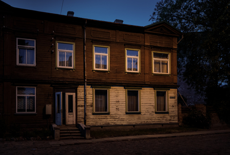 LIEPAJA, LATVIA - JUN 25, 2017: Streets of Liepaja at night. Liepaja is a city located on Baltic Sea. It is the third largest city in the country after Riga and Daugavpils.のeditorial素材