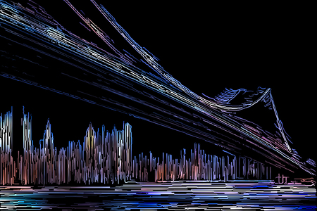 Abstract image of Manhattan Bridge and Manhattan skyline at night painted by color lines on black backgroundの写真素材