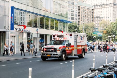 NEW YORK, USA - Sep 16, 2017: FDNY Ambulance car. FDNY is a department of the government of NYC and is the largest combined Fire and EMS provider in the worldのeditorial素材