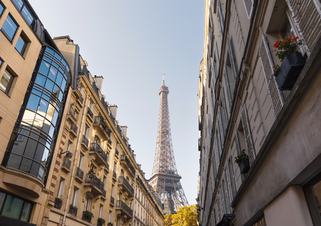 PARIS, FRANCE - Nov 07, 2017: View of the Eiffel Tower from the Rue de Monttessuy in the center of...